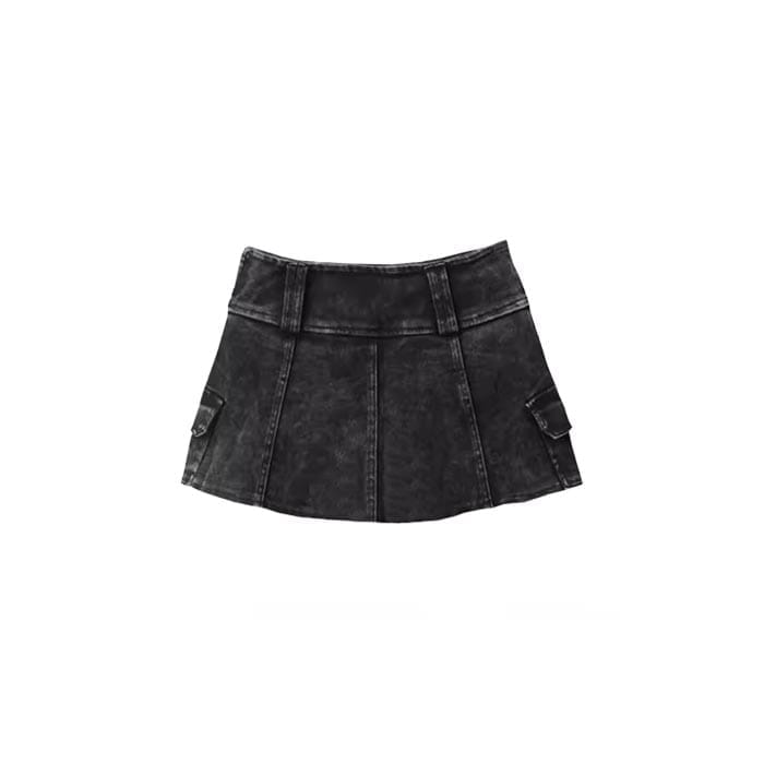 Black Washed Denim Cargo Mini Skirt